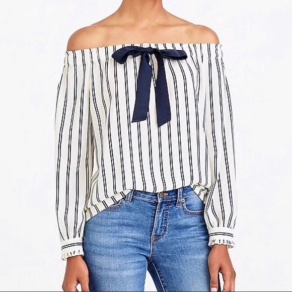J. Crew Tops - J. Crew Mercantile Blue/White Striped Off Shoulder Blouse Size Medium